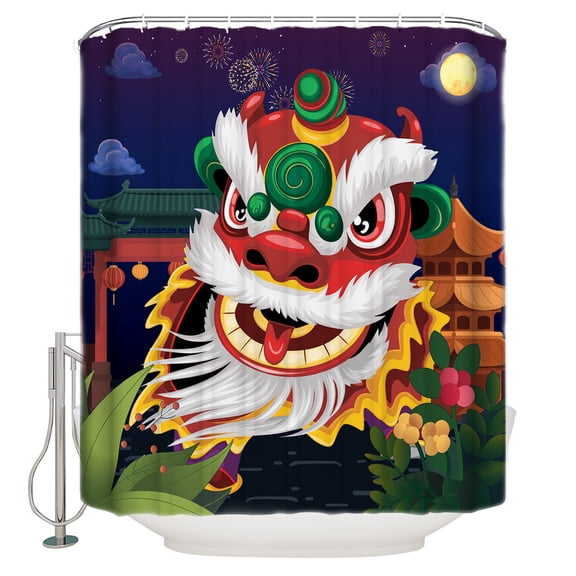 Chinese Lion Dance Bathroom Shower Curtains with 12 Hooks Waterproof Shower Curtain for Stalls and Bathtubs Rustic Chinese New Year Paintings Decorative Bathroom Privacy Curtain 36x72 Inches