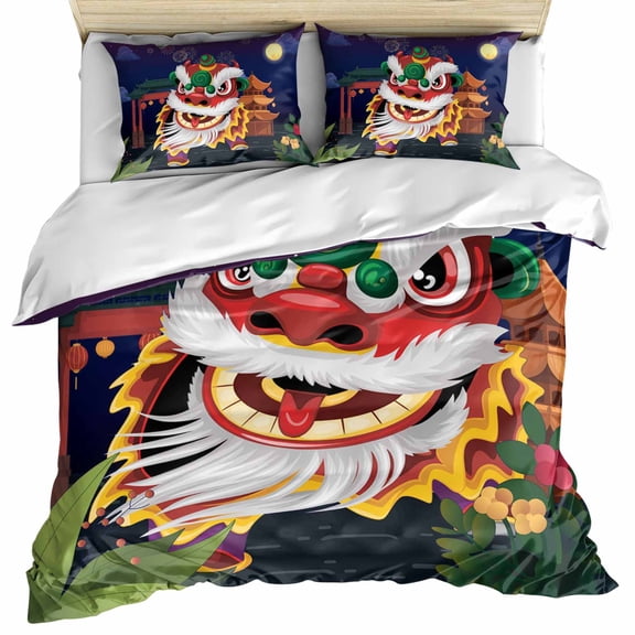 Chinese Lion Dance Bedding 3 Piece Duvet Cover Set Queen Size, Rustic Chinese New Year Paintings Soft Microfiber Comforter Cover with Zipper Closure & Pillowcases, Wrinkle & FadeResistant Quilt Cover