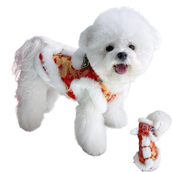 Chinese Lion Dance Costume for Pets with Red and Gold Patterns and Faux Fur Trim for New Year and Themed Parties
