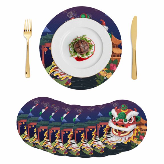 Chinese Lion Dance Round 13 Inch Placemats Set of 8, Rustic Chinese New Year Paintings HeatResistant Non Slip Place Mats for Dining Table, Wipeable Braided Kitchen Table Mats for Housewarming