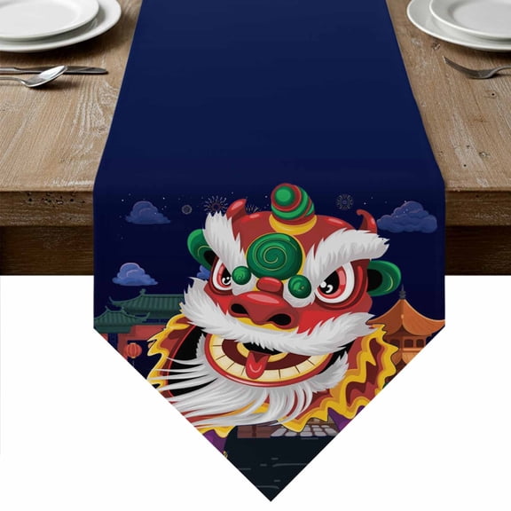 Chinese Lion Dance Table Runner Linen Burlap Table Runner 36 Inches Small Rustic Chinese New Year Paintings Dresser Scarves for Kitchen Island Coffee Dining Room Party Wedding Holiday Decor 13"x36"