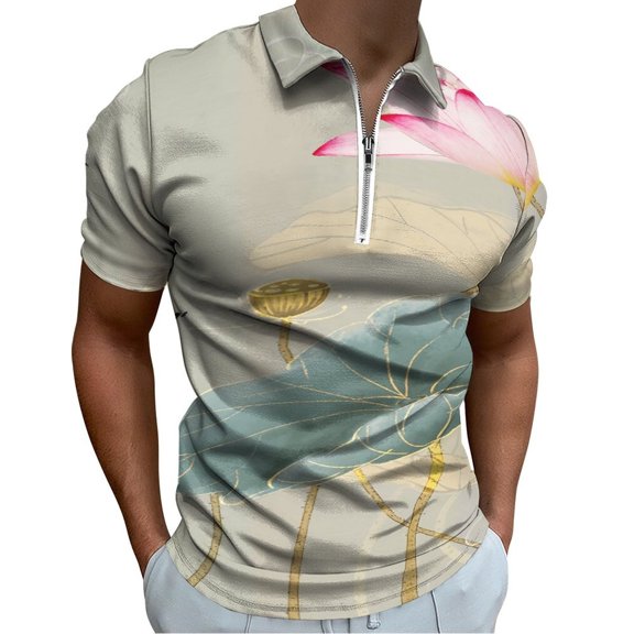 Chinese Lotus Men Zipper T-shirt Summer Casual Short Sleeve T-shirt Top