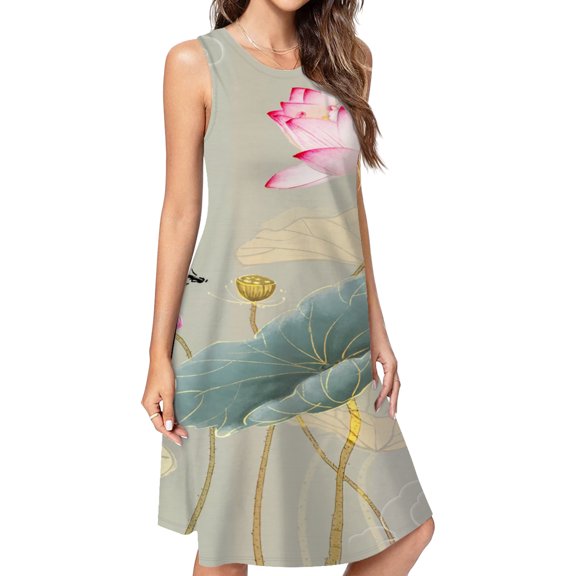 Chinese Lotus Spring Summer Dresses For Women Fashion Dress Casual Sleeveless Loose Sundress With Pockets