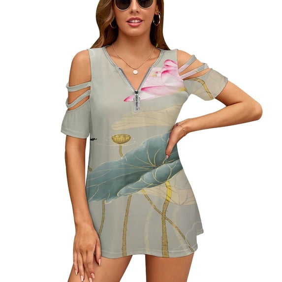 Chinese Lotus Womens Summer V Neck Zipper Top Short Sleeve T Shirt Off Shoulder Top Casual Classy Loose Shirts