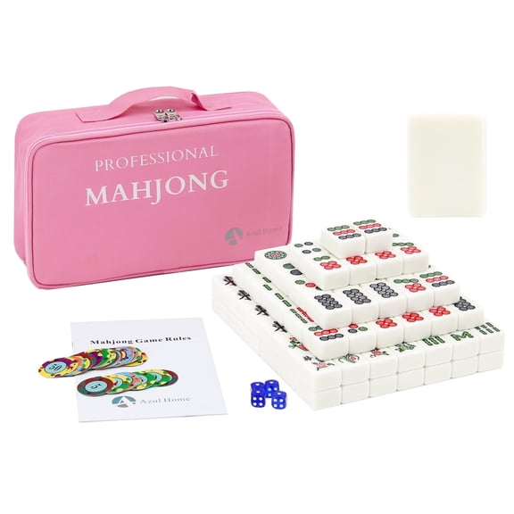 Chinese Mahjong Game Set, Complete Traditional Mahjong Game Set, 144 Melamine Tiles with 4 Dices Poker Chips and One Storage Bag 40mm