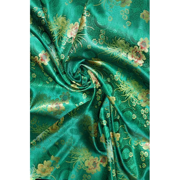 Chinese Medallion & Flower Brocade Satin, Sells by the Yard from Sal Tex Fabrics, Emeral Green