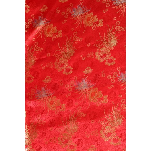 Chinese Medallion & Flower Brocade Satin, Sells by the Yard from Sal Tex Fabrics, Red