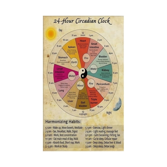 Chinese Medicine Body Clock System Chart 24 Hour Meridian Flow Diagram Vintage Educational Wall Art for Study Office Home Decor