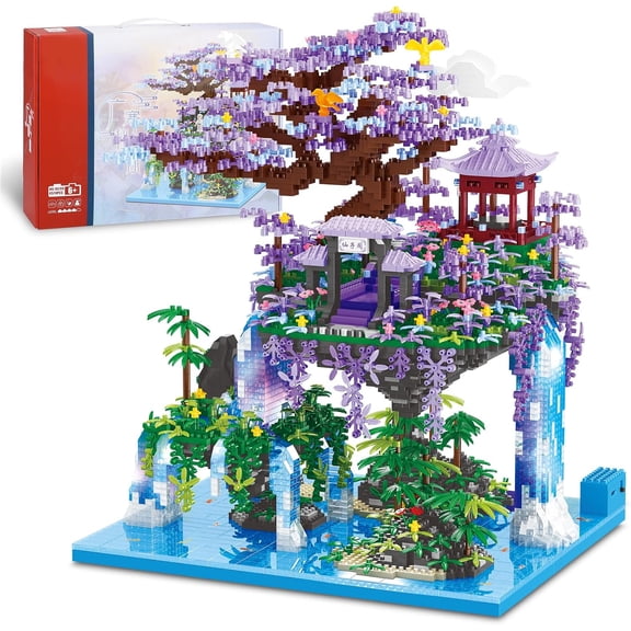 Chinese Moon Palace Pavilion Building Blocks Set - Micro Miniature Bonsai Tree House with String Lights and Flowers for Adults Teens 14+ (4574 Pieces)