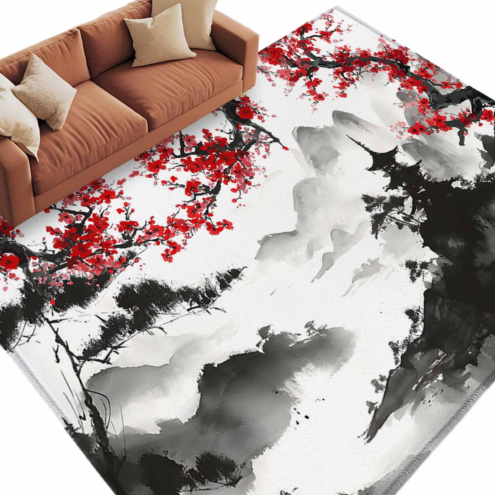 Chinese Mountain Area Rugs Collection 6'x9', Landscape Painting Red ...