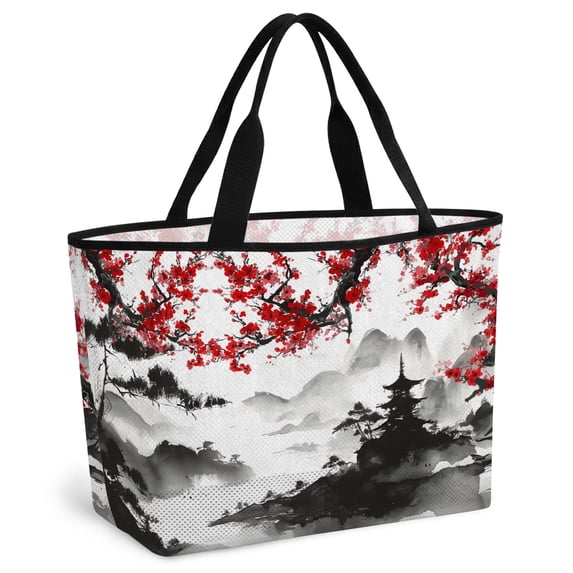 Chinese Mountain Beach Bag for Women, Large Breathable Mesh Beach Tote Bag, Landscape Painting Red Plum Flowers Sandproof Lightweight Travel Bags for Vacation Picnic Swimming Pool 15.7"x15.7"x9.1"