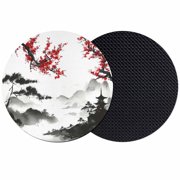 Chinese Mountain Coasters Set of 2, Absorbent Coasters for Drinks, Landscape Painting Red Plum Flowers Coaster for Desk Coffee Table Protection, Home Decor House Warming Gifts 4"