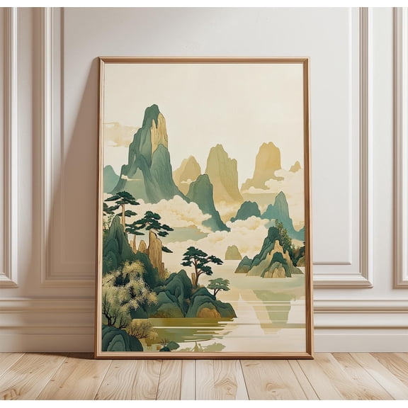 Chinese Mountain Landscape Poster Vintage Asian Wall Art Misty Decor, Unframed Poster