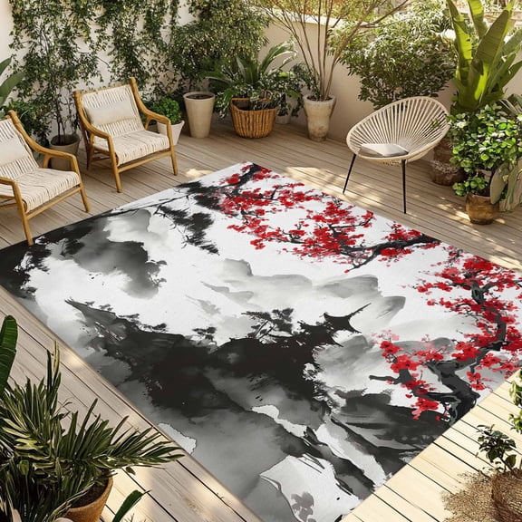 Chinese Mountain Outdoor Rug 3x5 Ft - Reversible Patio Rug Outdoor Camping Rugs, Landscape Painting Red Plum Flowers Washable Indoor Outdoor Area Rugs, Non-Slip Outdoor Carpet Runner for Deck/Porch