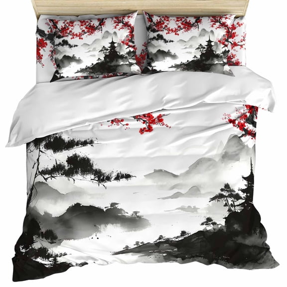 Chinese Mountain Set of 4 Bedding Quilt Covers, Landscape Painting Red Plum Flowers 4-Piece Bed Sheet Set with Extra Soft Bed Sheets Quilt Cover Pillowcase, Queen