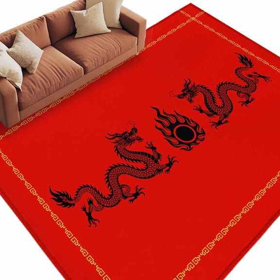 Chinese New Year Area Rug 5x8 Washable Rug Non Slip Black Dragon Traditional Oriental Red Large Area Rug Soft Stainresistant Indoor Floor Carpet for Living Room Bedroom Office Dining Room Nursery