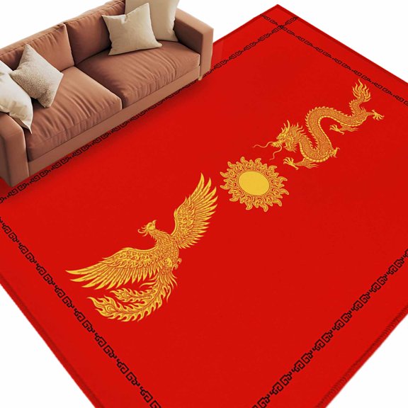 Chinese New Year Area Rug 5x8 Washable Rug Non Slip Yellow Dragon Traditional Art Red Large Area Rug Soft Stainresistant Indoor Floor Carpet for Living Room Bedroom Home Office Dining Room Nursery