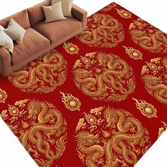Chinese New Year Area Rug 5x8 Washable Rug Non Slip Yellow Dragon Traditional Vintage Red Large Area Rug Soft Stainresistant Indoor Floor Carpet for Living Room Bedroom Office Dining Room Nursery