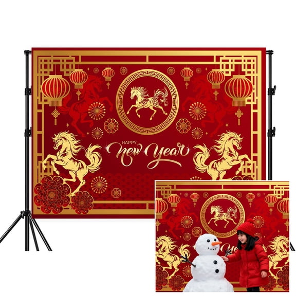 Chinese New Year Backdrop,Year of The Horse Spring Festival Red Gold Photography Background,Happy New Year Carnival Party NewYears Eve Lunar Family Yard Outdoor Party Supplies,7x5FT