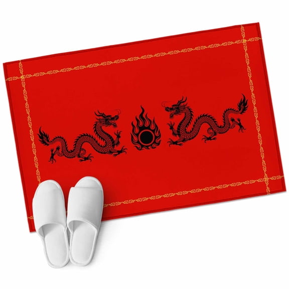 Chinese New Year Bathroom Rug Washable 2x3 Entryway Rug Non Slip Black Dragon Traditional Oriental Red Front Door Mat Low Pile Indoor Doormat Throw Floor Carpet for Kitchen Bedroom Entrance