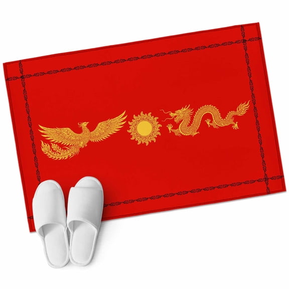 Chinese New Year Bathroom Rug Washable 2x3 Entryway Rug Non Slip Yellow Dragon Traditional Art Red Front Door Mat Low Pile Indoor Doormat Throw Floor Carpet for Kitchen Bedroom Entrance