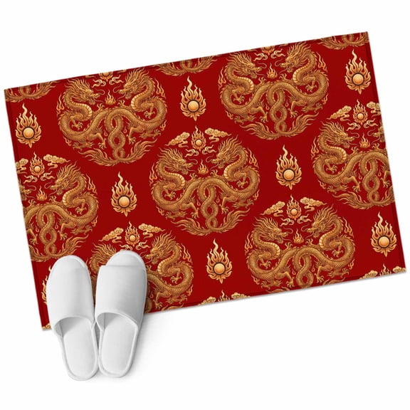 Chinese New Year Bathroom Rug Washable 2x3 Entryway Rug Non Slip Yellow Dragon Traditional Vintage Red Front Door Mat Low Pile Indoor Doormat Throw Floor Carpet for Kitchen Bedroom Entrance