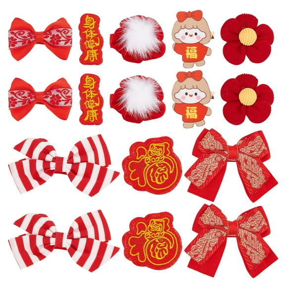 Chinese New Year Bowknot Flower Cloth Alligator Hair Clips Set Hair Accessories for Spring Festival Children's Gift Girl Pattern 21~59x49~69x13~15mm 8pcs/set