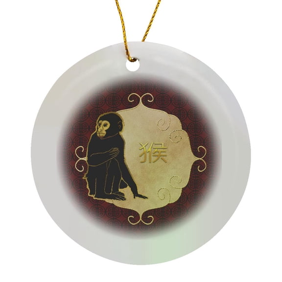 3drose, Chinese New Year, Chimpanzee Monkey, Chinese Sign, Red, Gold, Circle Porcelain Ornament