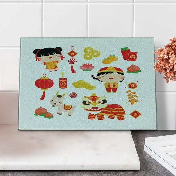 Chinese New Year Cutting Board, Joyful Holiday Themed Pattern with Animals and Cultural Elements, Decorative Tempered Glass Cutting and Serving Board, Small Size, Multicolor, by Ambesonne