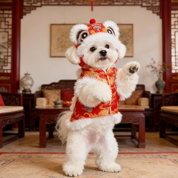 Chinese New Year Dog Lion Dance Costume, Traditional Lunar New Year Pet Outfit, Funny Warm Fleece Coat for Puppy Small Medium Dogs, Halloween Cosplay Gift (Red & Gold)