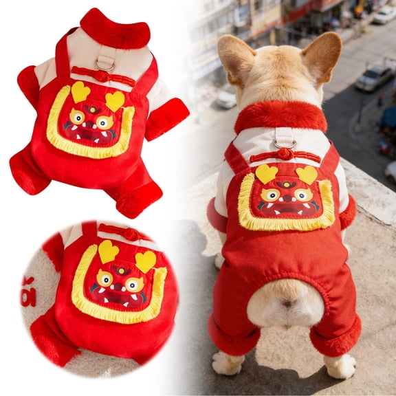 Chinese New Year Dragon Dog Onesie with Scarf Cozy Dance Lion Puppy Four-Legged Pajamas Spring Festival Cat Tang Suit Outfit New Year Kitten Jacket Clothes Teddy Hoodies Pet Jumpsuit for Party(M)