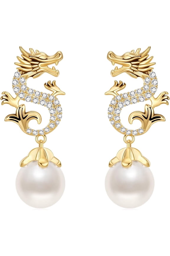Chinese New Year Dragon Earrings For Women, Glitter Cubic Zirconia Pearl Dangle Expectation A Sense Of Ritual Party Gift Jewelry