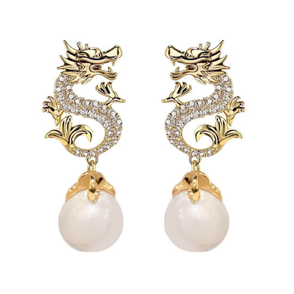 2025 Chinese New Year Snake Earrings For Women - Gold Glitter Cubic Zirconia & Pearl Dangle Zodiac Jewelry Gift