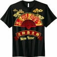 Chinese New Year Fan Design Black T Shirt Festive Spring Festival Tee