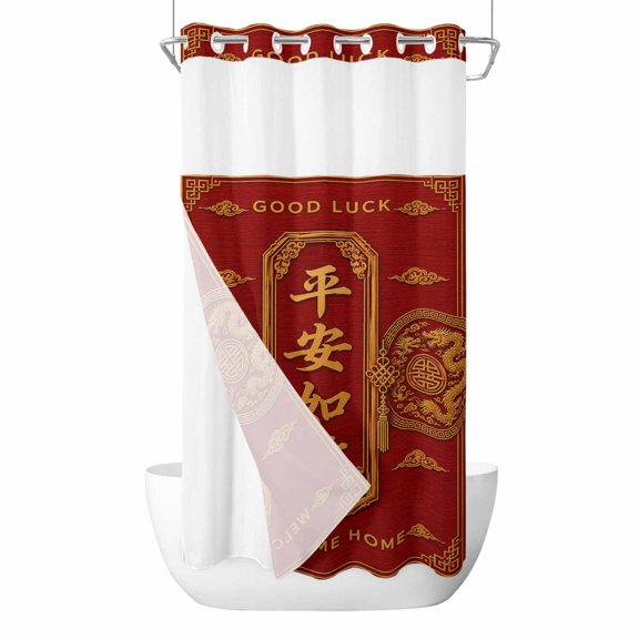 Chinese New Year No Hook Shower Curtain and Snap in Liner Set, Welcome Home Good Luck Red Gold Dragon Clouds Waterproof Shower Curtain Liner Set with Mesh Top Window for Bathroom 36x78in