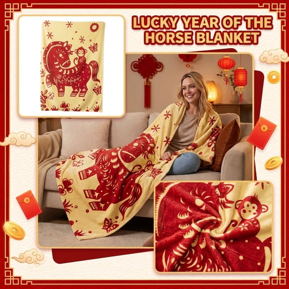 Chinese New Year of The Horse 2026 Gifts Blanket 60" x 40" Flannel Soft Blanket Throw Lunar New Year of The Horse Decorations for Women Men Couch Bed Sofa Decorative