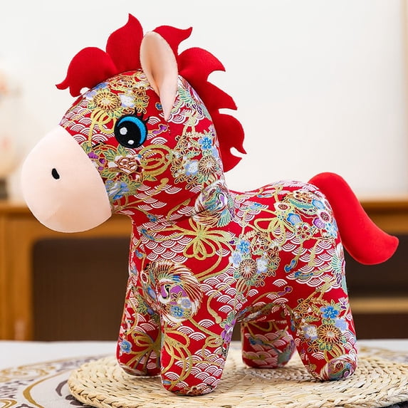 Chinese New Year Horse Plush 2026 Fabric Stuffed Horse Doll, Year of the Horse Stuffed Animal Traditional Pattern Design, Lunar New Year Plush Home and Car Decor, 9.84Inch