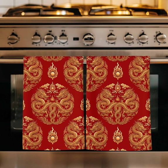 Chinese New Year Kitchen Towels Set of 4, Yellow Dragon Traditional ...