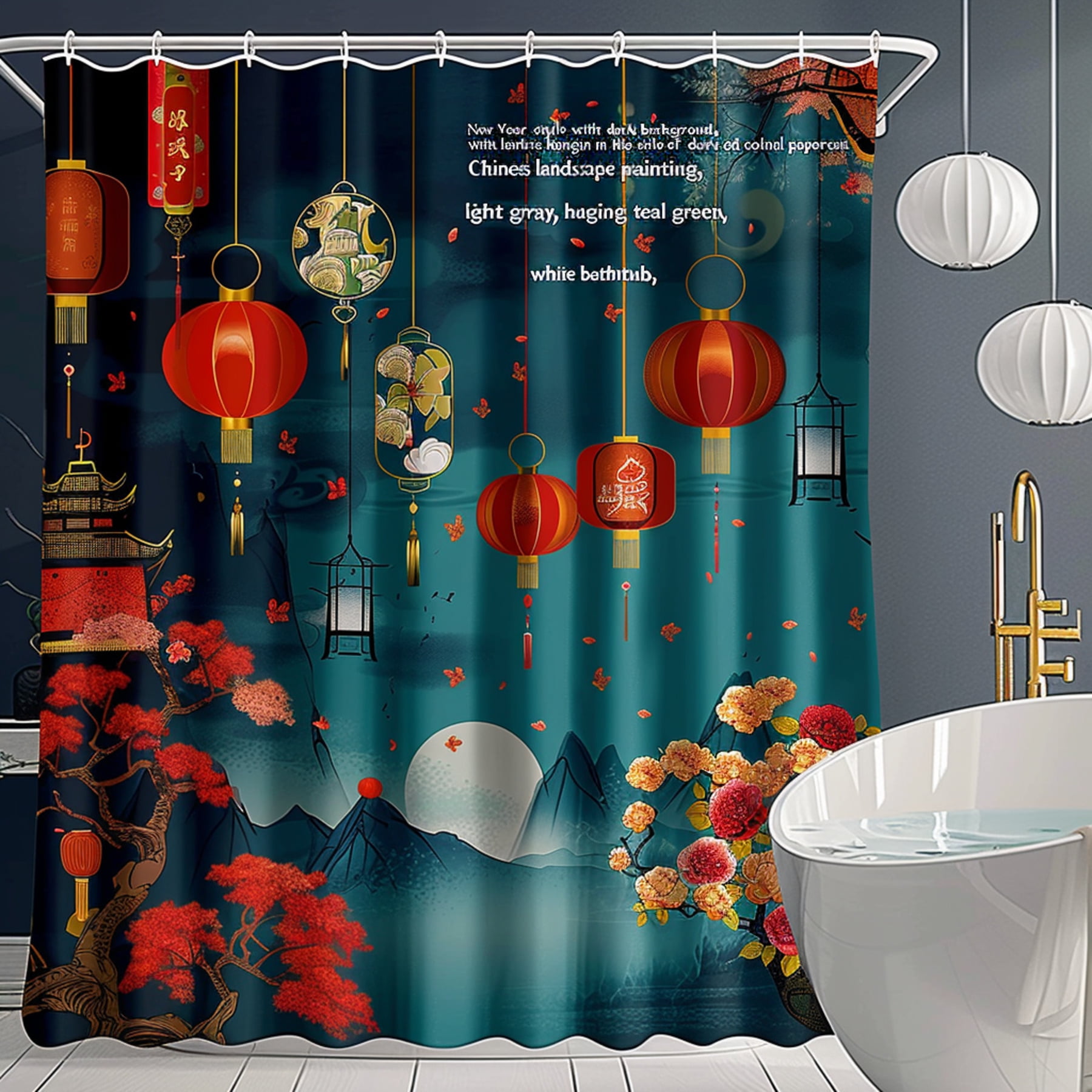 Chinese New Year Lanterns & Flowers Shower Curtain Dark Blue Papercut