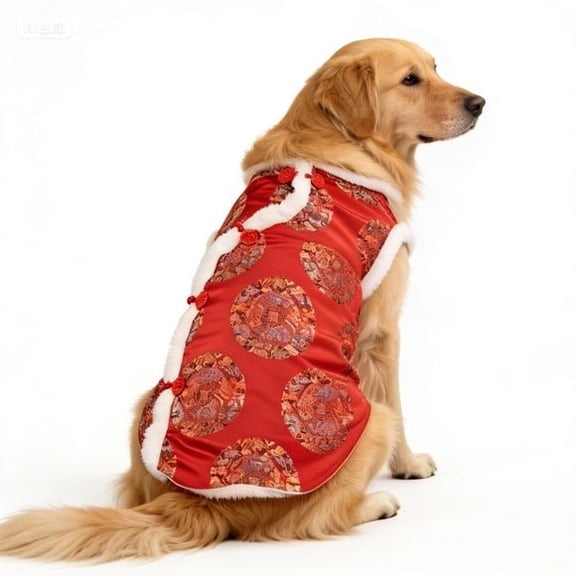Chinese New Year Large Dog Outfit, Winter Warm Fleece Tang Suit Cheongsam Qipao Vest, Spring Festival Christmas Pet Coat for Bulldog, Labrador, German Shepherd, Golden Retriever