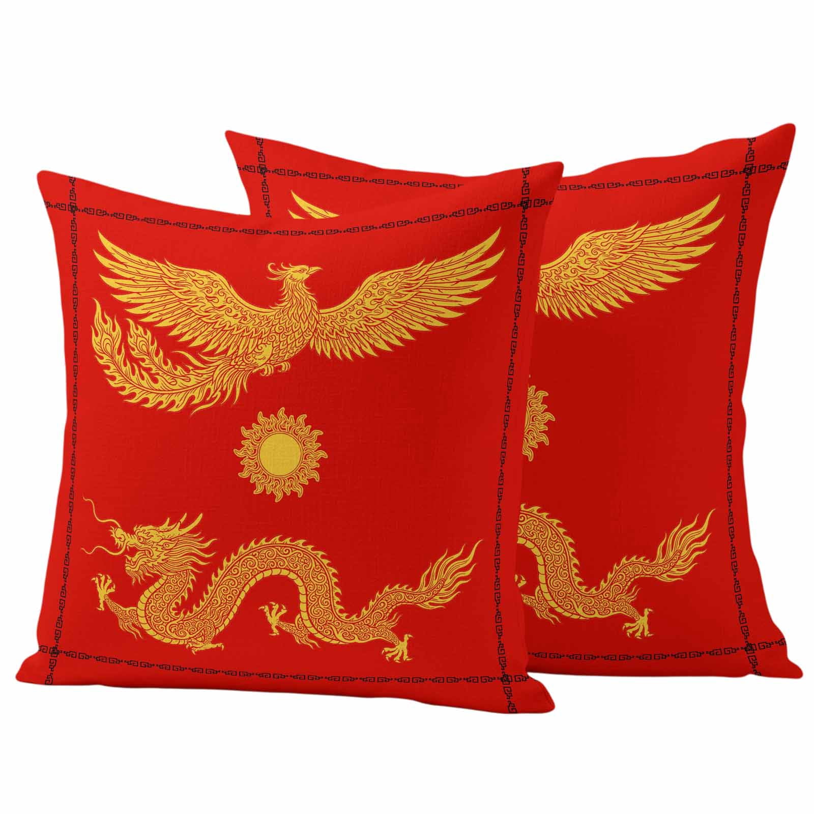 Chinese New Year Outdoor Waterproof Pillow Covers, Yellow Dragon Traditional Art Red Decorative Square Throw Pillowcase Sofa Cushion Sham for Patio/Couch/Chair, 18"x18" 2 Pack