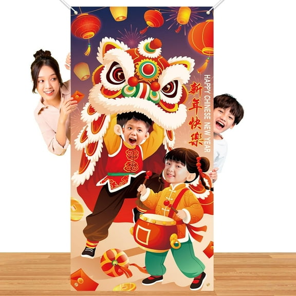 Chinese New Year Photo Door Banner, 2026 Horse Year Photo Banner for Lunar New Year Party Decorations, 2026 Year of the Horse Photography Sign, Lion Dancing Photo Props Banners