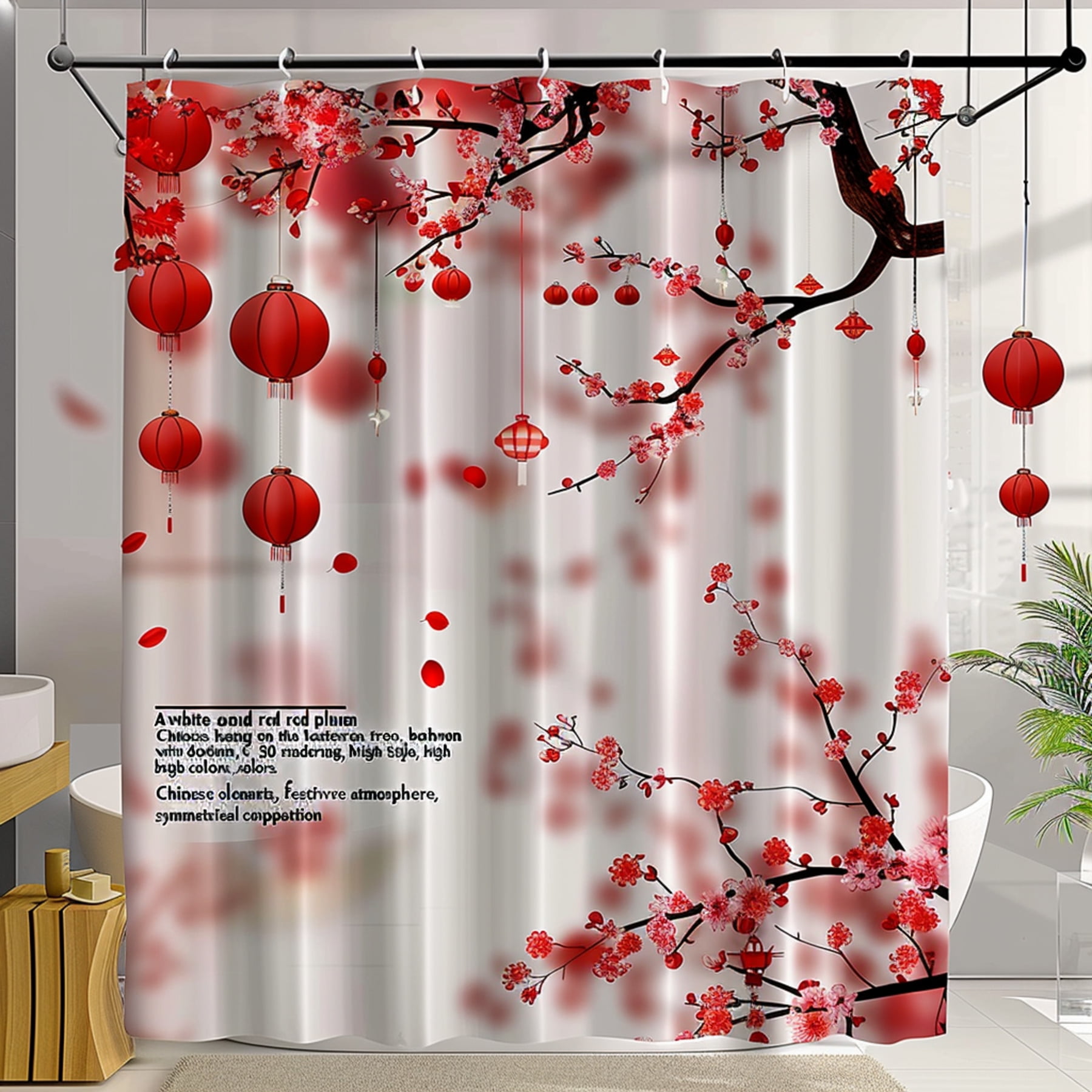 Chinese New Year Plum Blossom Shower Curtain Festive Bright Colors Home
