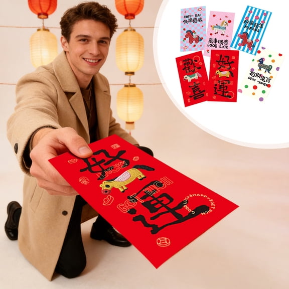 Chinese Year Red Envelopes of 2026, Year of the Horse Design with Blessings, Large 6.7x3.5 Inch Red Pockets Money Envolopes for Lunar Year, Wedding, Birthday
