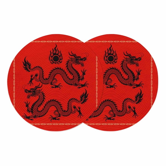 Chinese New Year Round 13 Inch Placemats Set of 2, Black Dragon Traditional Oriental Red HeatResistant Non Slip Place Mats for Dining Table, Wipeable Braided Kitchen Table Mats for Housewarming