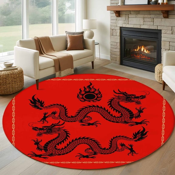 Chinese New Year Round Area Rug 6Ft Washable Circle Rugs for Bathroom Office, Black Dragon Traditional Oriental Red Non-Slip Carpet Floor Mats Indoor Outdoor Carpet Runner Aesthetic Home Decor