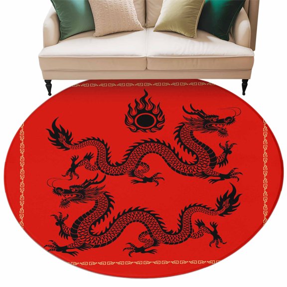 Chinese New Year Round Rug 7ft Washable Circle Rugs Non Slip Black Dragon Traditional Oriental Red Large Area Rug Indoor Floor Carpet for Bedroom Kitchen Living Room Home Office Dining Room Nursery