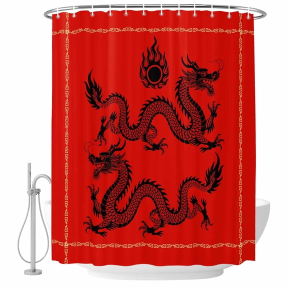 Chinese New Year Shower Curtains for Bathroom, Waterproof Fabric Bath Curtains Decor, Bath Tub Curtain Black Dragon Traditional Oriental Red Decorative Shower Curtain Sets with 12 Hooks, 72x72 Inch