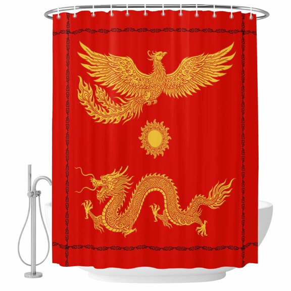 Chinese New Year Shower Curtains for Bathroom, Waterproof Fabric Bath Curtains Decor, Bath Tub Curtain Yellow Dragon Traditional Art Red Decorative Shower Curtain Sets with 12 Hooks, 72x72 Inch