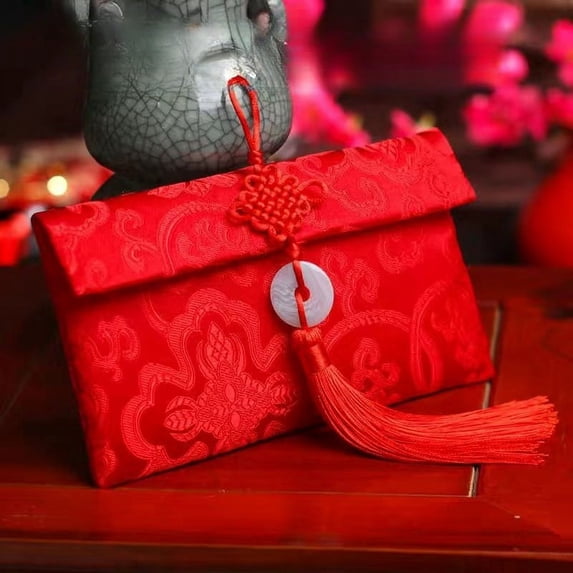 Chinese New Year Silk Red Envelopes, Lucky Money Red Packet, Lucky Coin Hongbao Card Envelopes Gift Wrap, for Spring Festival Birthday Wedding, 1PC